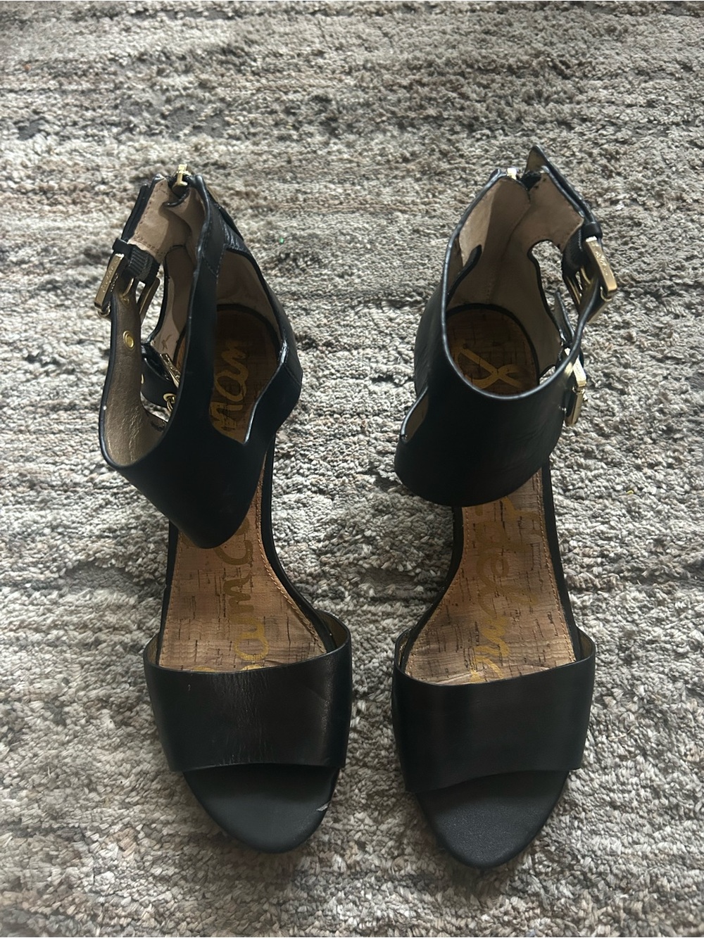 Sam Edelman Black Open-Toe Ankle-Strap Heels with Gold Buckles - Picture 1 of 6